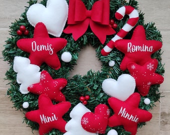 Ghirlanda natalizia con nomi - Bianca e rossa con fiocchi di neve