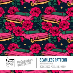Retro Blumenauto Nahtloses Muster - Digitaler Download - Digitales Papier - Druckbar - Stoff - Textil - Tapete - Hintergrund - Sublimation