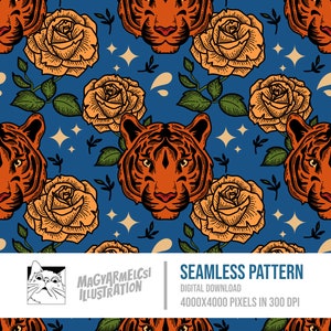 Tigre et fleurs Seamless Pattern - Téléchargement numérique - Papier numérique - Imprimable - Tissu - Textile - Papier peint - Fond - Sublimation