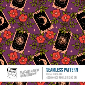 Patrón sin costuras de libros de cartas del tarot - Descarga digital - Halloween - Imprimible - Tela - Textil - Papel tapiz - Fondo - Sublimación