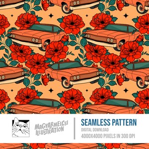 Retro bloemenauto naadloos patroon - digitale download - digitaal papier - afdrukbaar - stof - textiel - behang - achtergrond - sublimatie