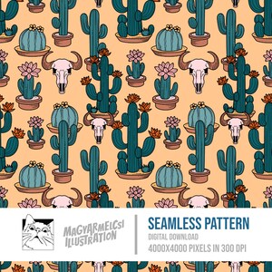 Wüste Kakteen Musterdesign - Digital Download - Digitales Papier - Printable - Stoff - Textil - Tapete - Hintergrund - Sublimation