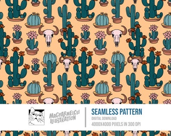 Desert Cacti Seamless Pattern - Digital Download - Digital Paper - Printable - Fabric - Textile - Wallpaper - Background - Sublimation