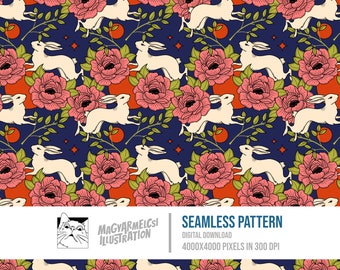 Floral Rabbit Seamless Pattern - Digital Download - Digital Paper - Printable - Fabric - Textile - Wallpaper - Background - Sublimation