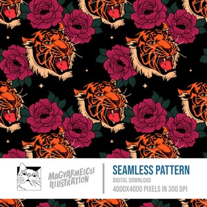 Patrón sin costuras de tigre floral - Descarga digital - Papel digital - Imprimible - Tela - Textil - Fondo de pantalla - Fondo - Sublimación