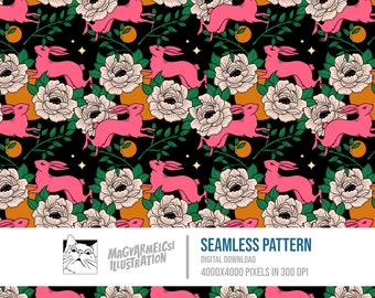 Floral Rabbit Seamless Pattern - Digital Download - Digital Paper - Printable - Fabric - Textile - Wallpaper - Background - Sublimation