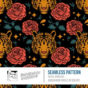 Patrón sin costuras de tigre y flores - Descarga digital - Papel digital - Imprimible - Tela - Textil - Papel pintado - Fondo - Sublimación