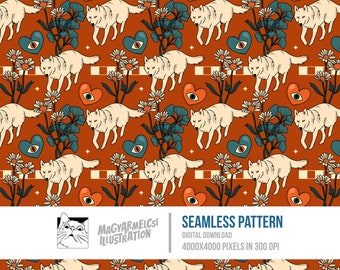 Lovely Wolf Seamless Pattern - Digital Download - Digital Paper - Printable - Fabric - Textile - Wallpaper - Background - Sublimation