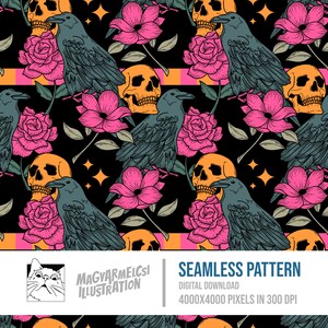 Schädel und Krähen Bücherwurm Muster - Digitaler Download - Digitales Papier - Druckbar - Stoff - Textil - Tapete - Sublimation