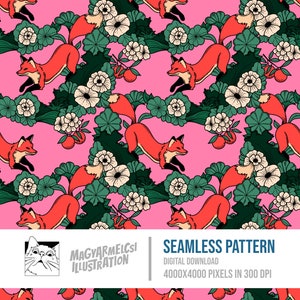 Floral Fox Bookish Nahtloses Muster - Digitaler Download - Digitales Papier - Druckbar - Stoff - Textil - Tapete - Hintergrund - Sublimation