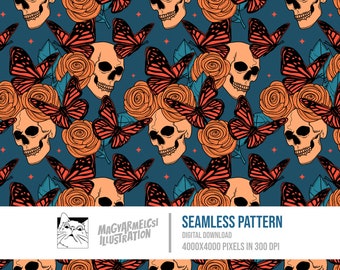 Butterfly Skull Seamless Pattern - Digital Download - Halloween - Printable - Fabric - Textile - Wallpaper - Background - Sublimation