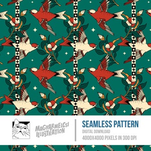 Himmlische Vögel Bücherwurm Muster - Digitaler Download - Digitales Papier - Druckbar - Stoff - Textil - Tapete - Sublimation
