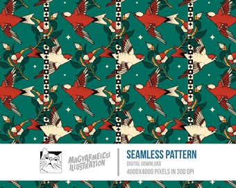 Celestial Birds Seamless Pattern - Digital Download - Digital Paper - Printable - Fabric - Textile - Wallpaper - Background - Sublimation