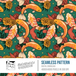 Patrón sin costuras de Koi en el estanque - Descarga digital - Papel digital - Imprimible - Tela - Textil - Papel tapiz - Sublimación