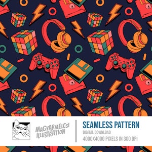 Modèle sans couture d'objets des années 80 - Téléchargement numérique - Papier numérique - Imprimable - Tissu - Textile - Papier peint - Fond - Sublimation