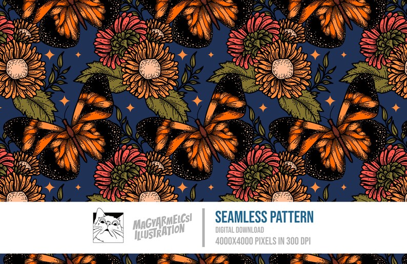 Floral Butterfly Seamless Pattern Digital Download Digital Paper Printable Fabric Textile Wallpaper Background Sublimation image 1