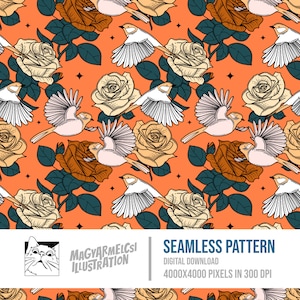 Blumen Vögel Bücherwurm Muster - Digitaler Download - Digitales Papier - Druckbar - Stoff - Textil - Tapete - Sublimation