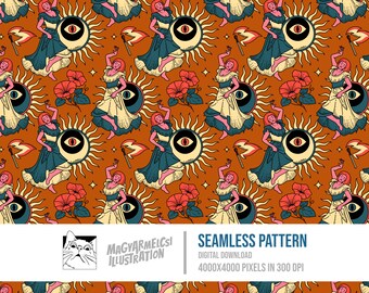 Dancing Folk Lady Seamless Pattern - Digital Download - Digital Paper - Printable - Fabric - Textile - Wallpaper - Background - Sublimation