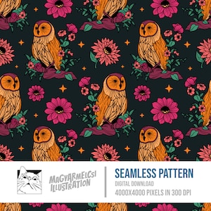 Blumen Eule Bücherwurm Muster - Digitaler Download - Digitales Papier - Druckbar - Stoff - Textil - Tapete - Hintergrund - Sublimation