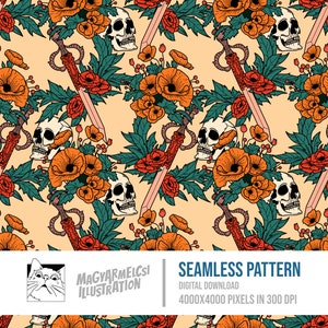 Fantasy Schädel Bücherwurm Muster - Digital Download - Halloween - Druckbar - Stoff - Textil - Tapete - Hintergrund - Sublimation