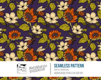 Sunflower and Bees Seamless Pattern - Digital Download - Digital Paper - Printable - Fabric - Textile - Wallpaper - Background - Sublimation