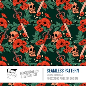 Fantasy Schädel Bücherwurm Muster - Digital Download - Halloween - Druckbar - Stoff - Textil - Tapete - Hintergrund - Sublimation