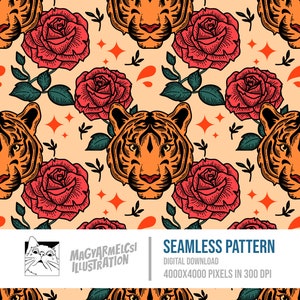 Patrón sin costuras de tigre y flores - Descarga digital - Papel digital - Imprimible - Tela - Textil - Papel pintado - Fondo - Sublimación