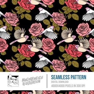 Blumen Vögel Bücherwurm Muster - Digitaler Download - Digitales Papier - Druckbar - Stoff - Textil - Tapete - Sublimation