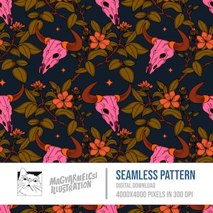 Floral Kuh Bücherwurm Schädel Muster - Digital Download - Halloween - Druckbar - Stoff - Textil - Tapete - Sublimation