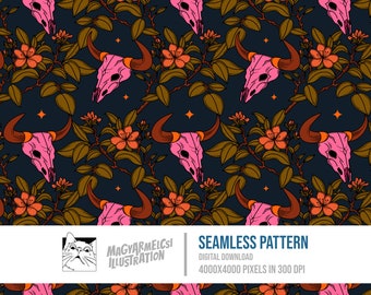 Floral Cow Skull Seamless Pattern - Digital Download - Halloween - Printable - Fabric - Textile - Wallpaper - Background - Sublimation