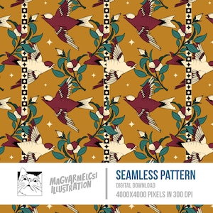 Himmlische Vögel Bücherwurm Muster - Digitaler Download - Digitales Papier - Druckbar - Stoff - Textil - Tapete - Sublimation