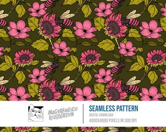 Sunflower and Bees Seamless Pattern - Digital Download - Digital Paper - Printable - Fabric - Textile - Wallpaper - Background - Sublimation