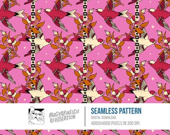 Celestial Birds Seamless Pattern - Digital Download - Digital Paper - Printable - Fabric - Textile - Wallpaper - Background - Sublimation