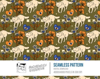 Lovely Wolf Seamless Pattern - Digital Download - Digital Paper - Printable - Fabric - Textile - Wallpaper - Background - Sublimation