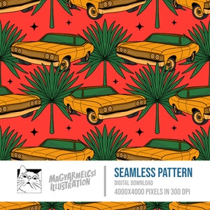 Retro Summer Car Seamless Pattern - Descarga digital - Papel digital - Imprimible - Tela - Textil - Papel pintado - Fondo - Sublimación