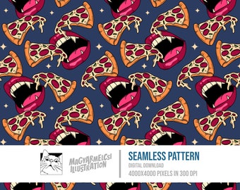 Pizza Vampir Nahtloses Muster - Digitaler Download - Digitales Papier - Druckbar - Stoff - Textil - Tapete - Hintergrund - Sublimation