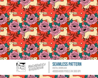 Blumen Kaninchen Muster - Digitaler Download - Digitales Papier - Druckbar - Stoff - Textil - Tapete - Hintergrund - Sublimation