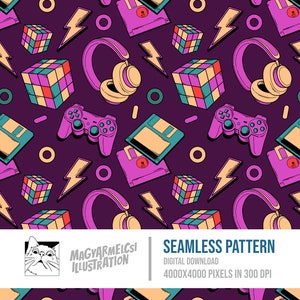 Modèle sans couture d'objets des années 80 - Téléchargement numérique - Papier numérique - Imprimable - Tissu - Textile - Papier peint - Fond - Sublimation