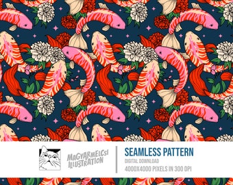 Koi in the Pond Seamless Pattern - Digital Download - Digital Paper - Printable - Fabric - Textile - Wallpaper - Background - Sublimation