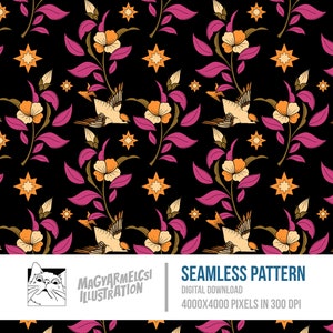 Botanische Vögel Bücherwurm Muster - Digitaler Download - Digitales Papier - Druckbar - Stoff - Textil - Tapete - Sublimation