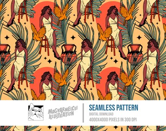 Elegant Woman Seamless Pattern - Digital Download - Digital Paper - Printable - Fabric - Textile - Wallpaper - Background - Sublimation