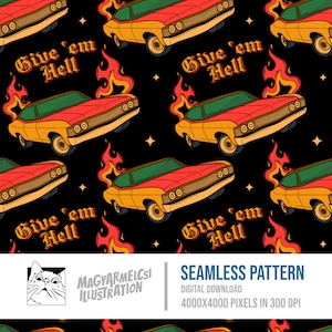 Burning Retro Car Seamless Pattern - Descarga digital - Papel digital - Imprimible - Tela - Textil - Papel pintado - Fondo - Sublimación