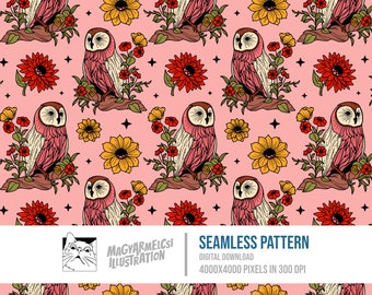 Floral Owl Seamless Pattern - Digital Download - Digital Paper - Printable - Fabric - Textile - Wallpaper - Background - Sublimation