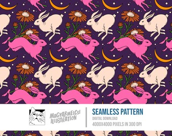 Celestial Rabbit Seamless Pattern - Digital Download - Digital Paper - Printable - Fabric - Textile - Wallpaper - Background - Sublimation