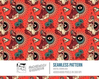 Dancing Folk Lady Seamless Pattern - Digital Download - Digital Paper - Printable - Fabric - Textile - Wallpaper - Background - Sublimation