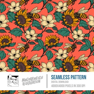Girasole e api Seamless Pattern - Download digitale - Carta digitale - Stampabile - Tessuto - Tessile - Carta da parati - Sfondo - Sublimazione