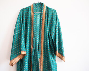 Turkusowa Cala - Wyjątkowe jedwabne długie kimono Saree