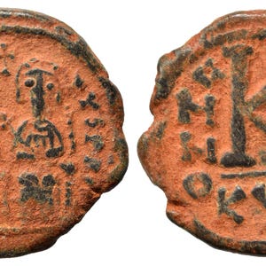 Justin II, with Sophia, 565-578. Half follis; Cyzicus mint. Authentic Byzantine Coin