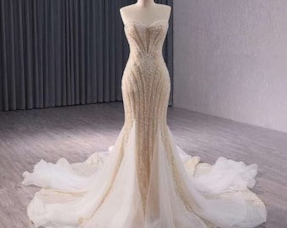 Light Champagne & Ivory Beaded Mermaid Wedding Dress , Style 241039 - Etsy Light Champagne & Ivory Beaded Mermaid Wedding Dress , Style 241039 - Etsy
