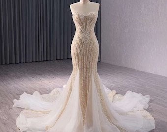 Light Champagne & Ivory Beaded Mermaid Wedding Dress , style 241039